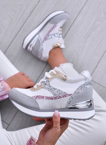 GENNY - Grey sneakers with gold and fuchsia glitter inserts
