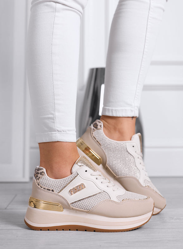 GIADA - Beige Sneakers with Mesh Inserts and Gold Details
