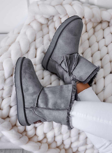 Grey padded ankle boots with tassels