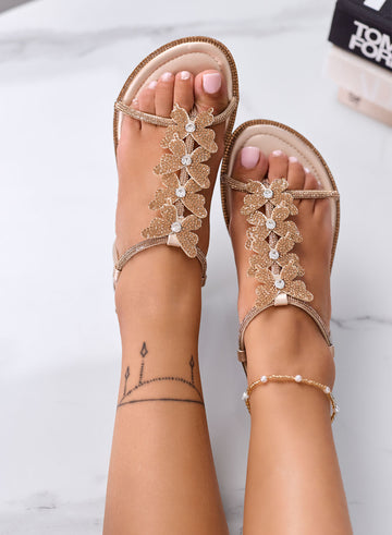 GINEVRA - Gold Jewel Thong Sandals with Rhinestone Butterflies and Strap