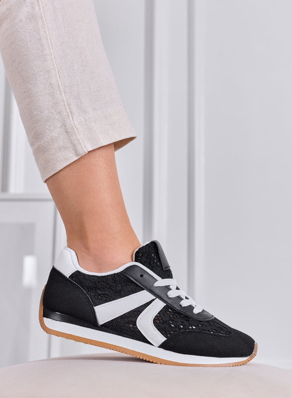 GIULIANA - Baskets noires avec dentelle et empiècements blancs