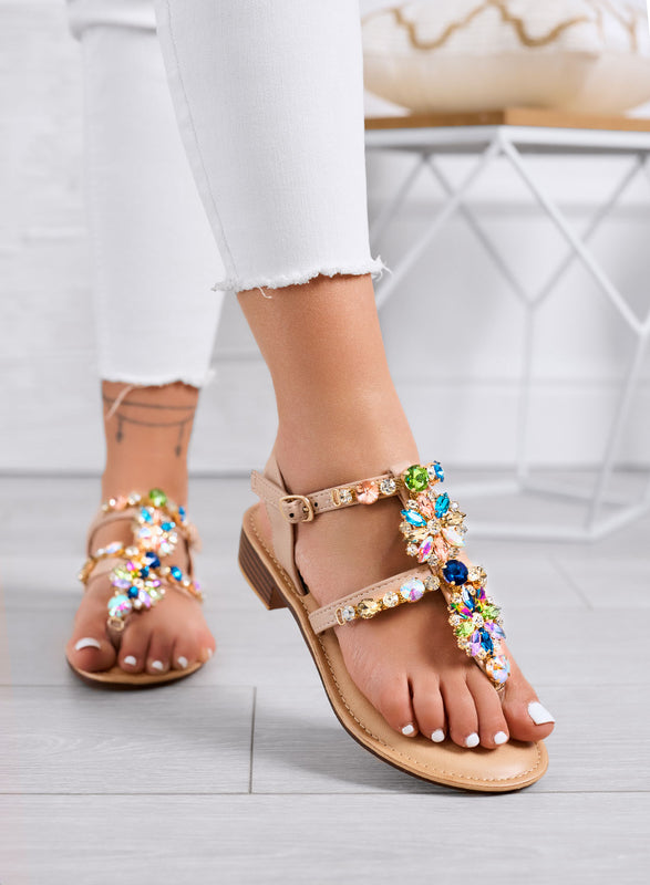 GIULY - Sandales beiges plats avec pierres bijoux multicolores