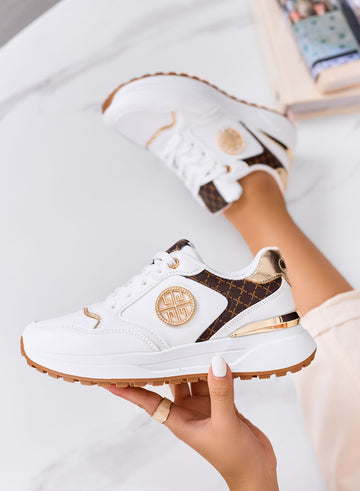 GLAMY - White sneakers with gold details and monogram print