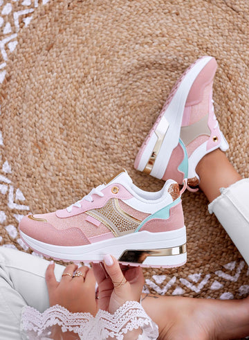 Pink wedge sneakers with gold inserts