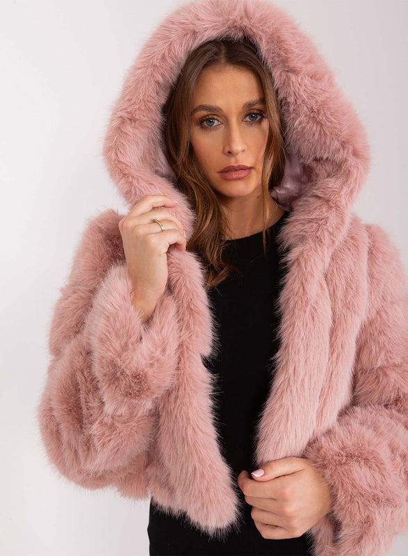 Veste courte en simili cuir avec capuche en fausse fourrure longue rose