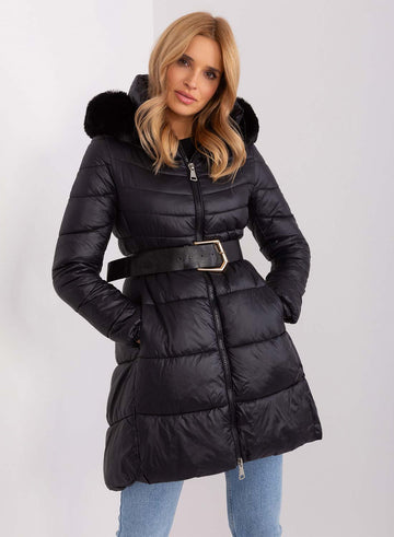 Long padded jacket with hood in black faux fur
