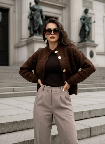 Veste cardigan marron avec boutons dorés