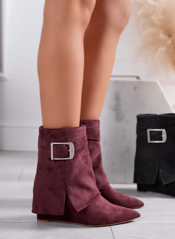 HARPER - Bottines bordeaux en daim avec revers et talon compensé