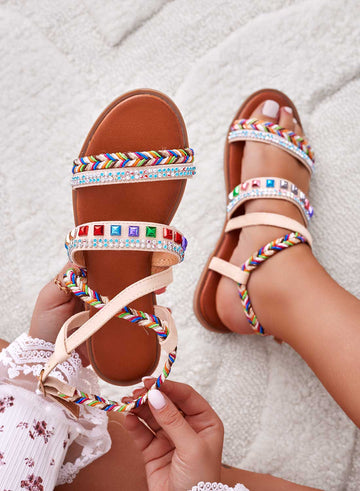 HENRY - Sandales beiges plats avec strass et clous multicolores