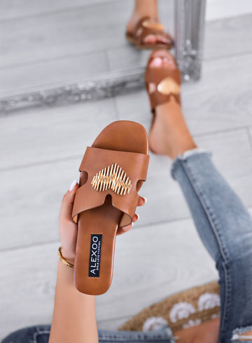 IGGY - Sandales camel type mule avec application cœur doré