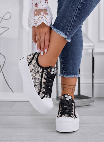 INGRID - Baskets beiges à motifs avec strass et semelle haute