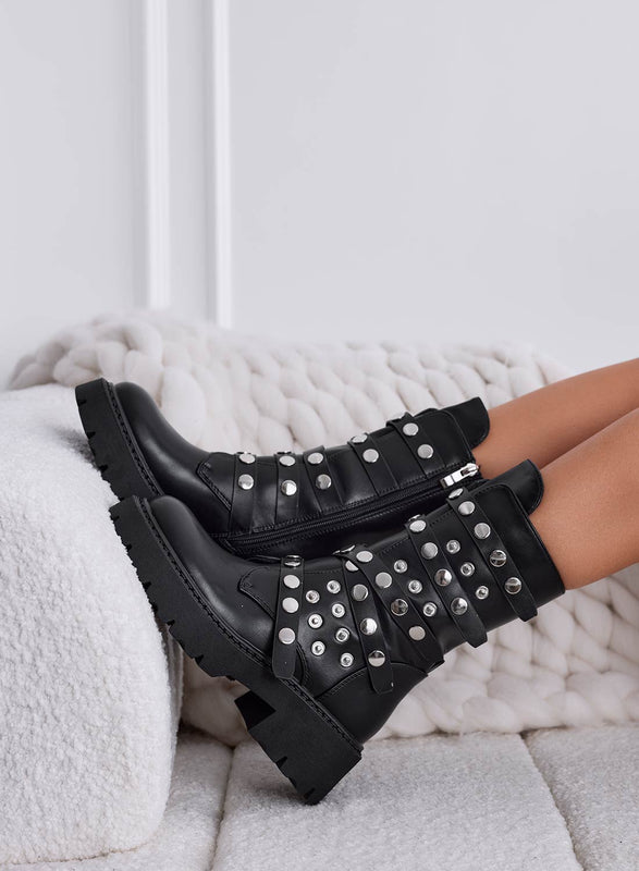 ISADORA - Bottines biker noires à studs sphères argentées