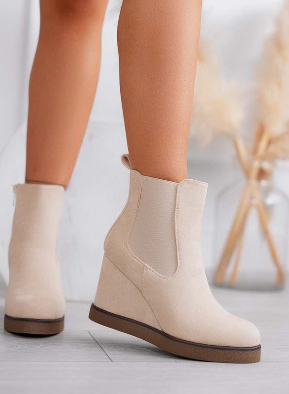 JANIKE - Bottines beige à la cheville en daim avec élastique et semelle compensée