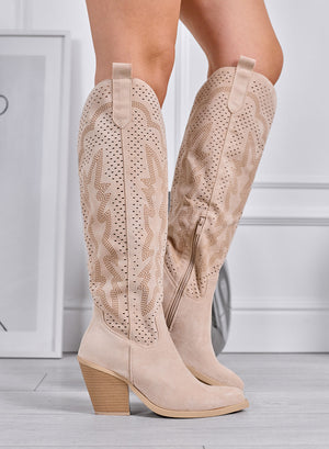 JANINE - Bottes hautes texanes beige perforées à talon moyen