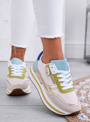 JOYCE - Baskets beiges avec inserts dorés et fermeture éclair latérale
