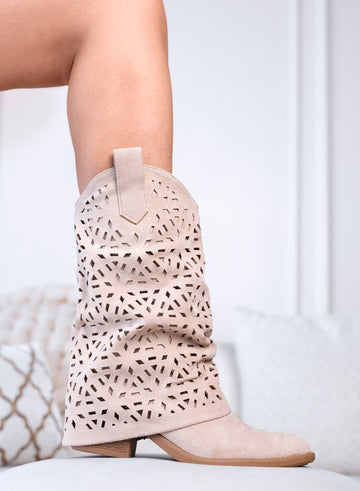 JULY - Beige suede perforated camper ankle boots with cuff