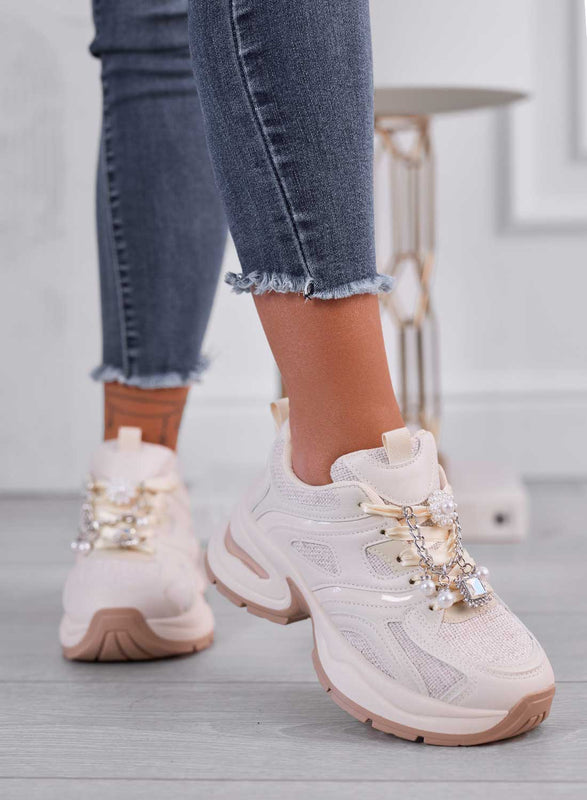 JUSTINE - Beige sneaker with jewel and pearl embellishment