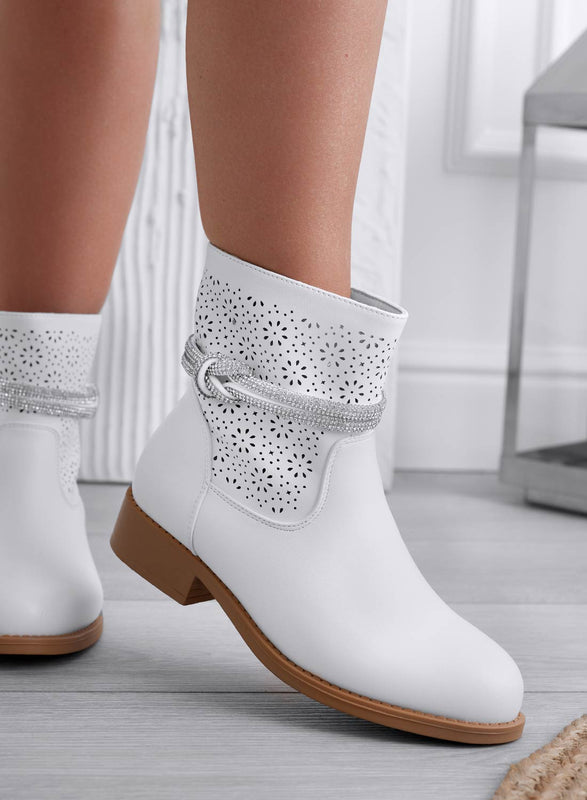 KATE - Bottines perforées blanches avec bande bijou