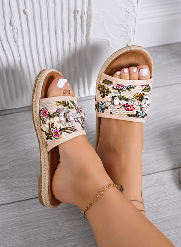 KATIA - Sandales beiges Mules à imprimé floral et pierres bijoux