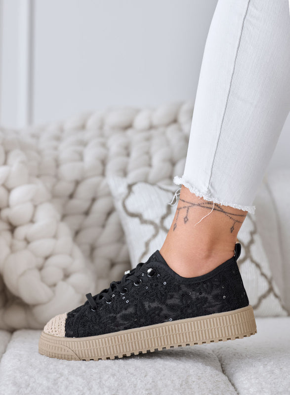 KISHA - Black Lace Sneakers with Transparent Effect
