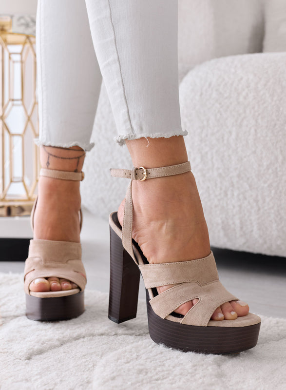 LARA - Sandales plateforme taupe à talons hauts et bride