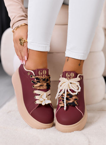 LAURA - Sneakers bordeaux platform con lacci animalier e dettagli gioiello