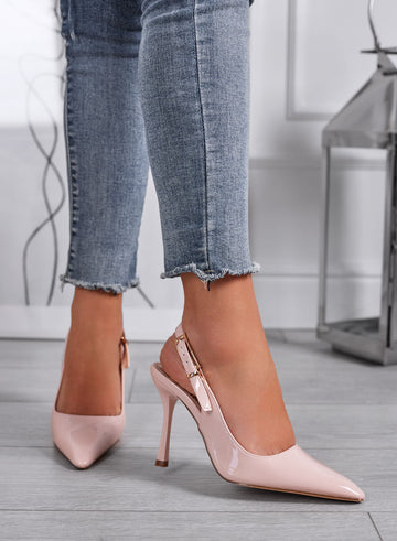 ADRIA - Escarpins slingback nude pointus en vernis avec talon aiguille