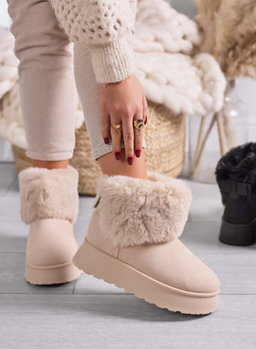 LIAA - Bottines beiges pour femme rembourrées avec fausse fourrure douce