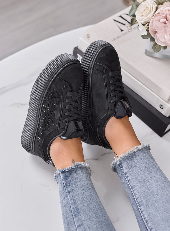 LIBERA - Sneakers Donna Nere con Strass e Suola Platform Alta