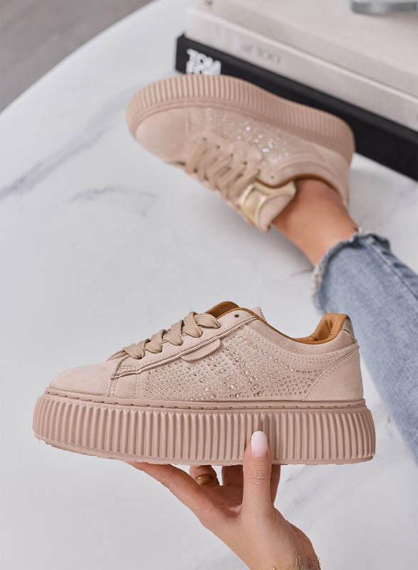 LIBERA - Sneakers Donna beige con Strass e Suola Platform Alta