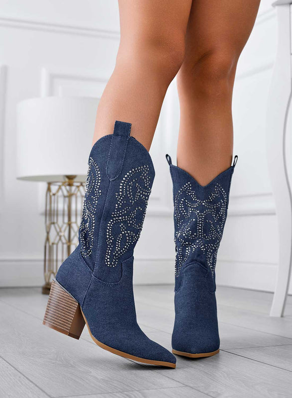 LIBERA - Camper boots en denim bleu avec strass