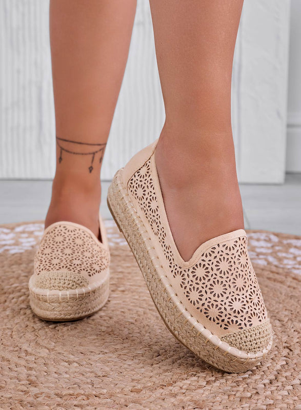 LILY - Espadrilles compensées brodées beiges