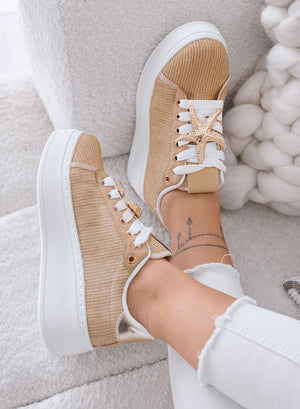 LINDA - Sneakers beige con Applicazioni Gioiello oro e Suola Platform