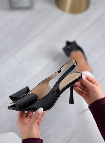 LISA - Escarpins Slingback Noirs en Vernis avec Nœud et Talon