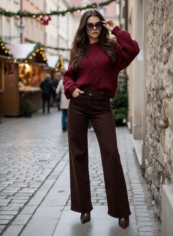 Brown Wide-Leg High-Waist Pants