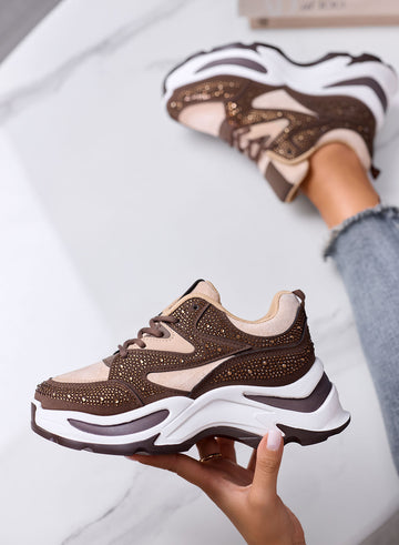 LOREEN - Brown Sneakers with Rhinestones and Chunky Sole