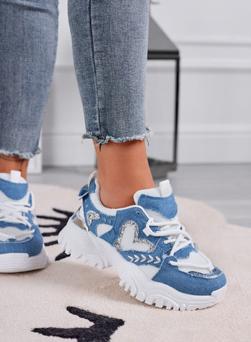 LORY - Baskets blanches sportives pour femme avec cœur et inserts bleu jeans