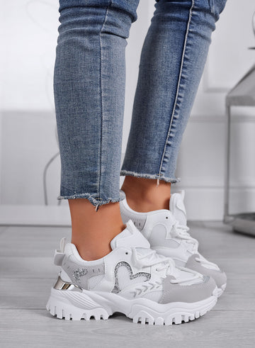 LORY - Baskets blanches sportives pour femme avec cœur et inserts gris