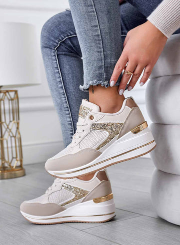 Sneakers beige con inserti glitter oro