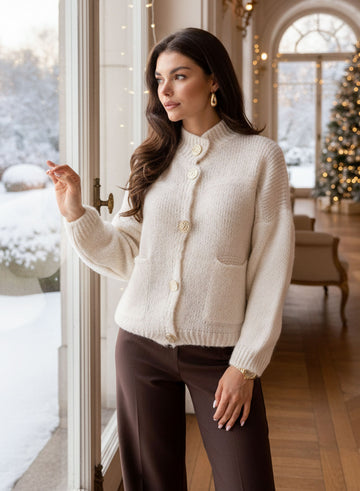 Beige cardigan jacket with gold buttons