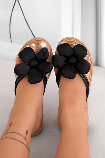 MARCELLA - Sandales tongs noires avec fleur appliquée