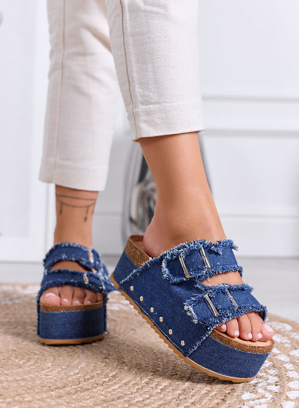 MARGOT - Sandali Ciabatte Platform in blu Denim con Fibbie