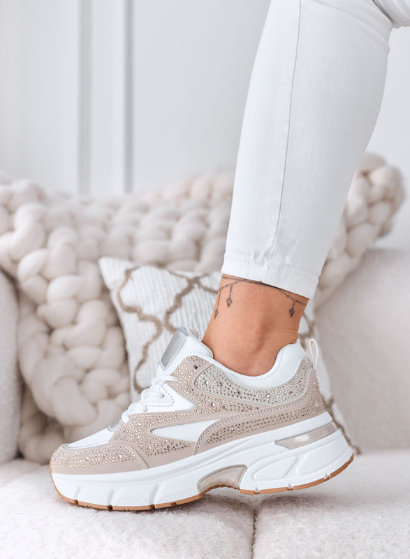 MARTINA - Beige Sneakers with Rhinestones and Chunky Platform Sole