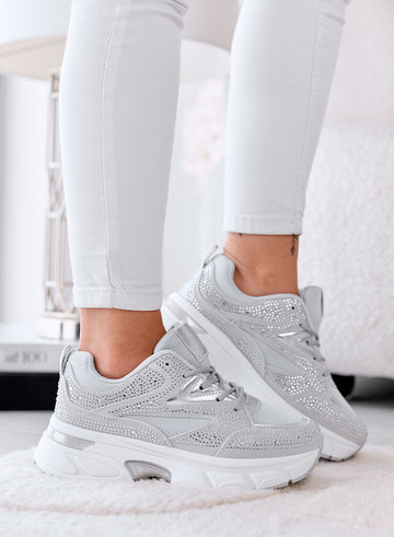 MARTINA - Gray Sneakers with Rhinestones and Chunky Platform Sole
