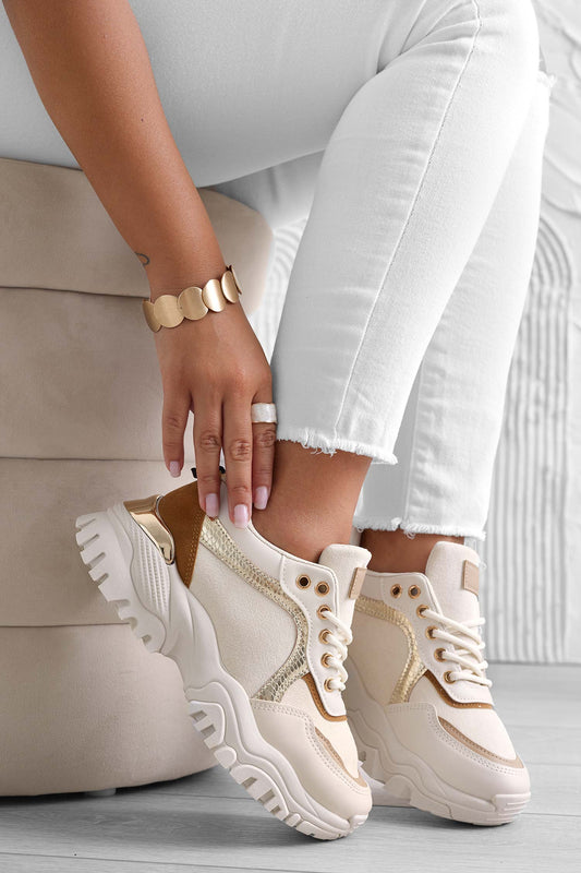 Sneakers beige con suola alta e pannelli a contrasto