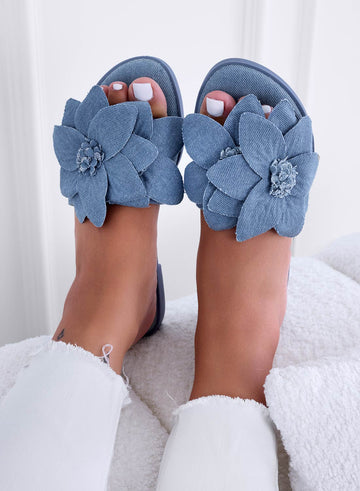 MELODY - Sandales babouches en jean bleu à fleur appliquée
