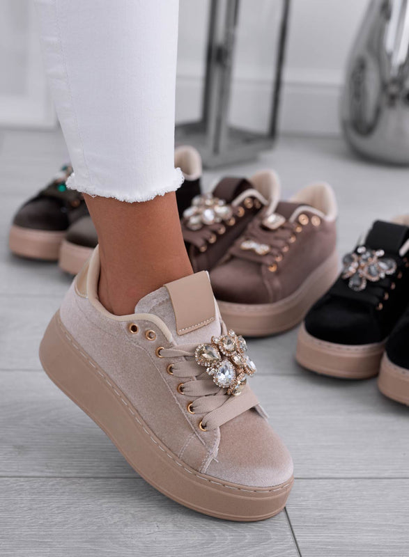 MILA - Beige velvet sneakers with jewel embellishment