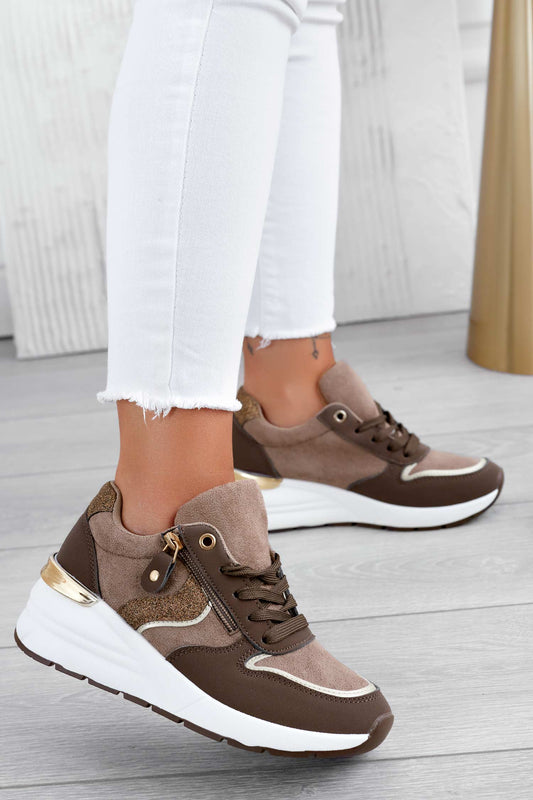 Brown sneakers with glitter inserts