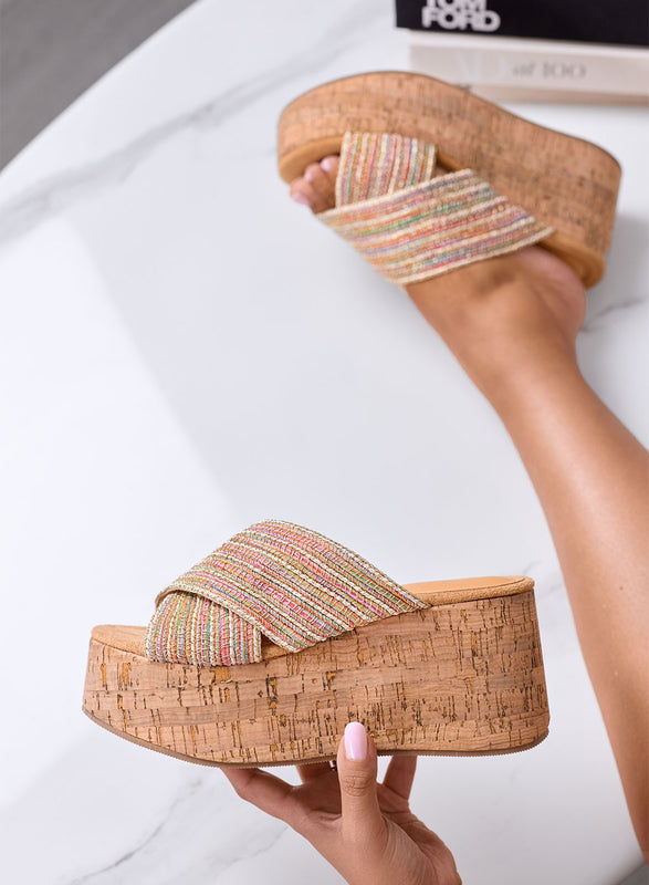 MINERVA - Sandali sabot con Zeppa in Sughero e Fasce Intrecciate multicolor