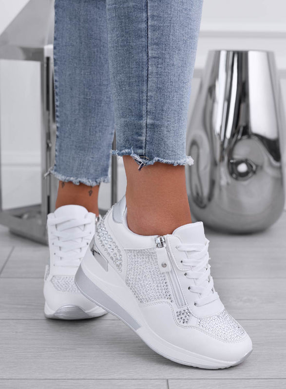 MIRROW - Baskets bijou blanches avec strass et compensé